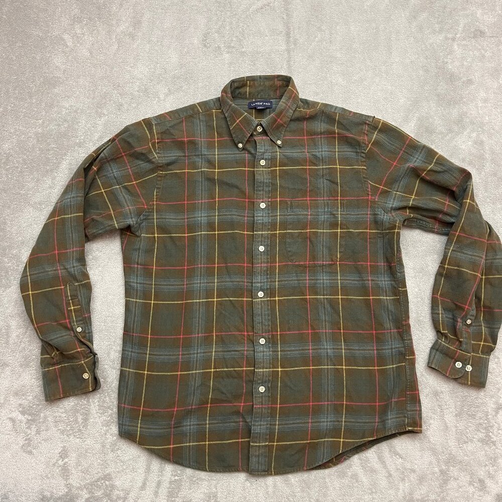 Lands End Mens Brown Plaid Button Down Cashmere Shirt Traditional Fit Size M